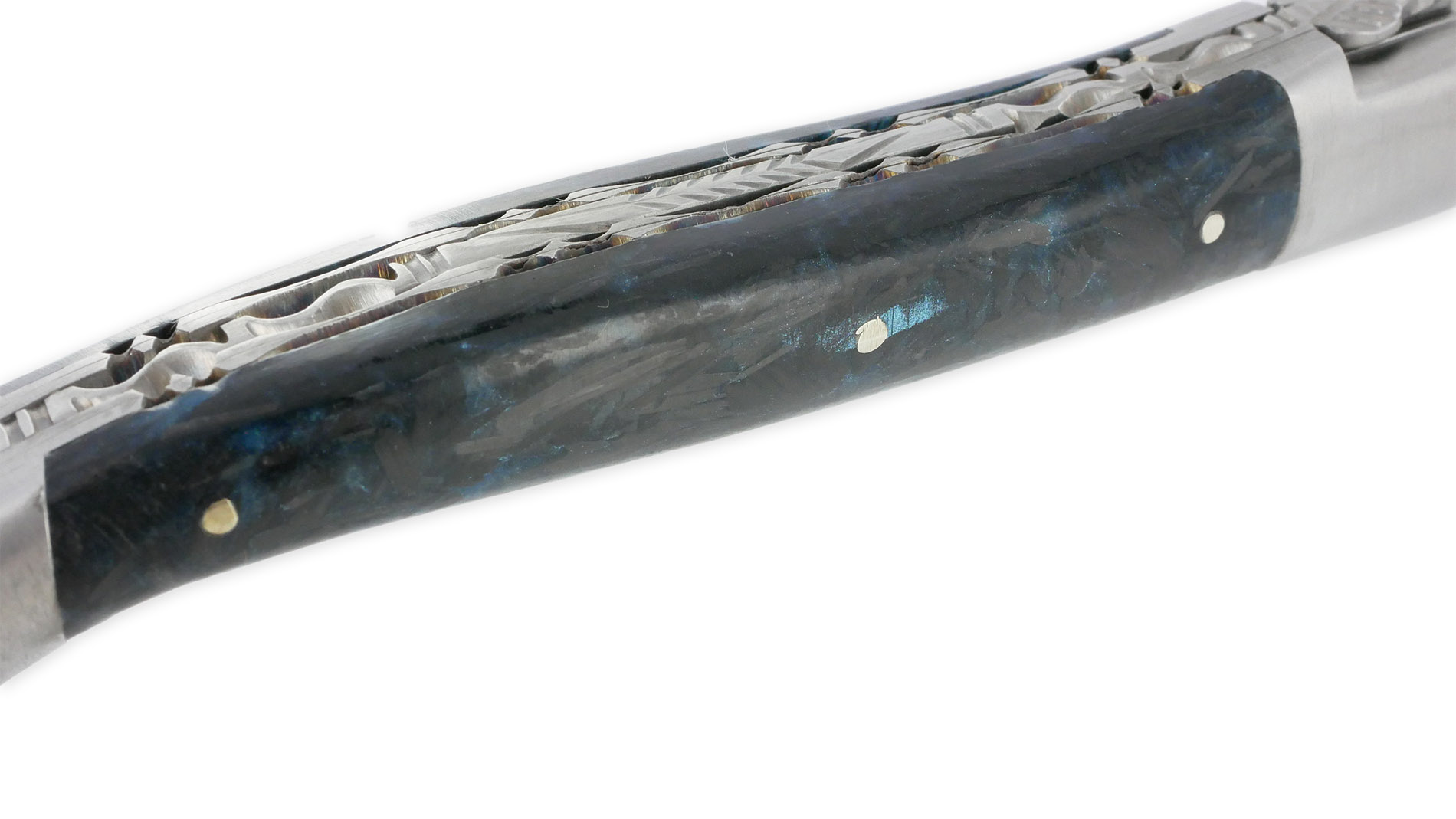 Couteau Laguiole en Aubrac 1 Pièce 12 cm Double Platines Carbone Pailleté Bleu Nacré 2 Mitres Inox Brossé Lame Inox Brossé Num 1