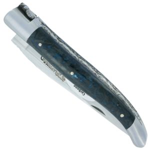 Couteau Laguiole en Aubrac 1 Pièce 12 cm Double Platines Carbone Pailleté Bleu Nacré 2 Mitres Inox Brossé Lame Inox Brossé Num 2