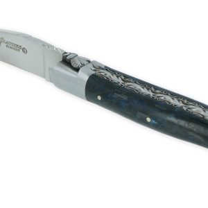Couteau Laguiole en Aubrac 1 Pièce 12 cm Double Platines Carbone Pailleté Bleu Nacré 2 Mitres Inox Brossé Lame Inox Brossé Num 2