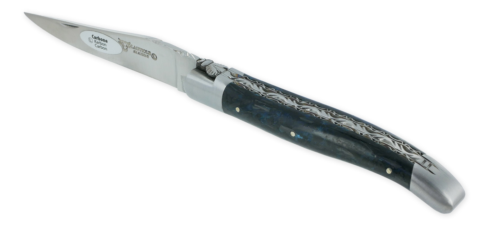 Couteau Laguiole en Aubrac 1 Pièce 12 cm Double Platines Carbone Pailleté Bleu Nacré 2 Mitres Inox Brossé Lame Inox Brossé Num 2
