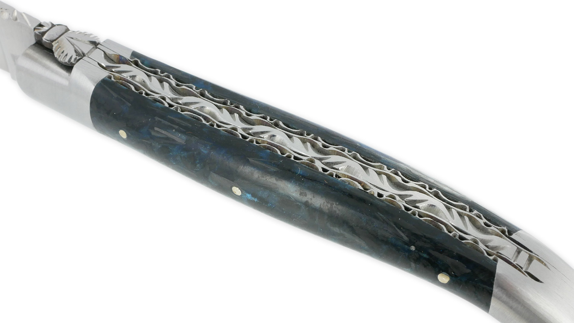 Couteau Laguiole en Aubrac 1 Pièce 12 cm Double Platines Carbone Pailleté Bleu Nacré 2 Mitres Inox Brossé Lame Inox Brossé Num 2