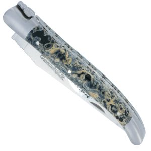 Couteau Laguiole en Aubrac 1 Pièce 12 cm Double Platines et ressort guillochés Manche en Pierre de Lave Noire 2 Mitres Inox Brossé Lame Inox Brossé