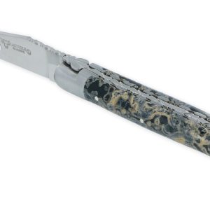 Couteau Laguiole en Aubrac 1 Pièce 12 cm Double Platines et ressort guillochés Manche en Pierre de Lave Noire 2 Mitres Inox Brossé Lame Inox Brossé