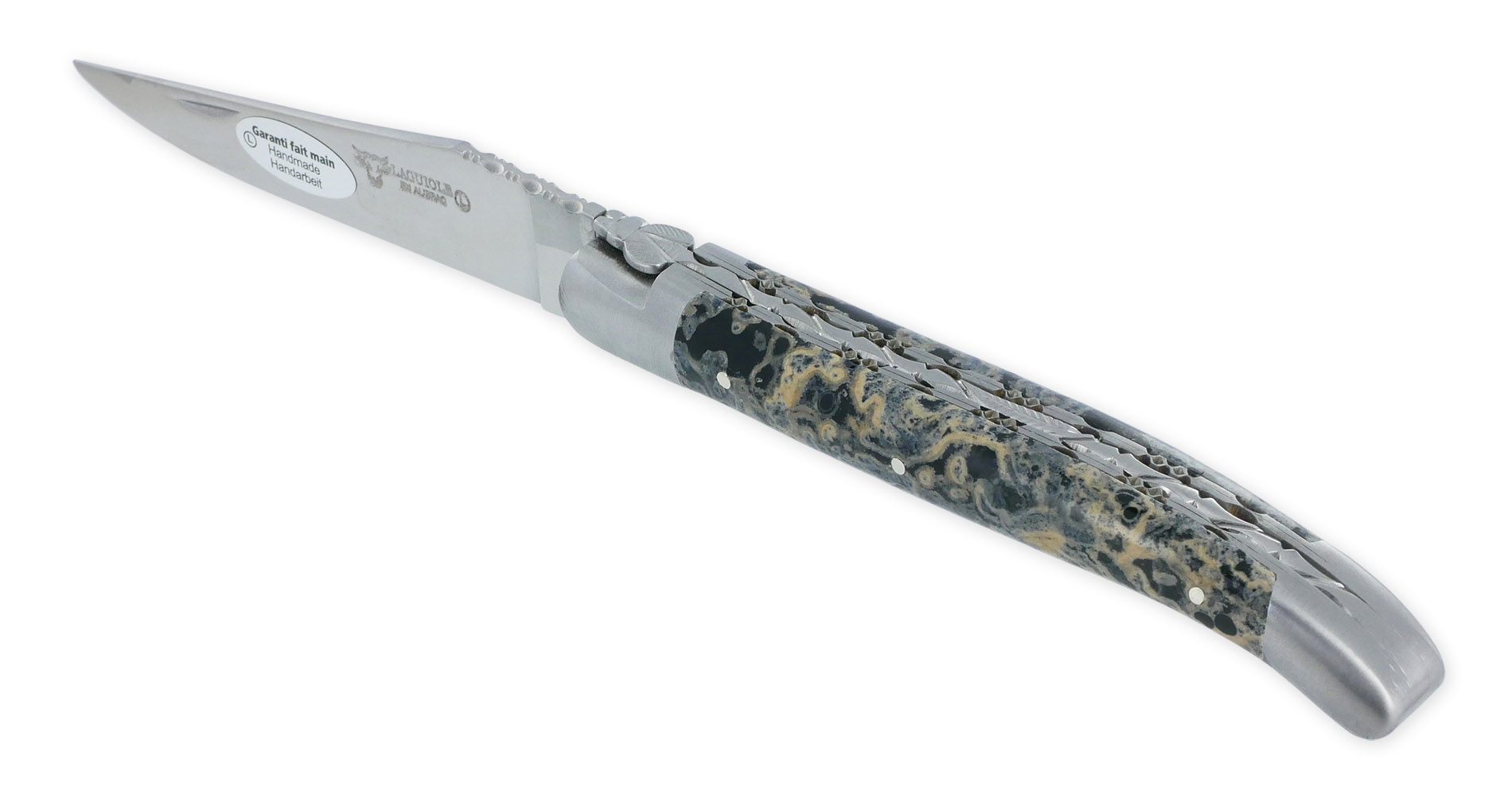 Couteau Laguiole en Aubrac 1 Pièce 12 cm Double Platines et ressort guillochés Manche en Pierre de Lave Noire 2 Mitres Inox Brossé Lame Inox Brossé