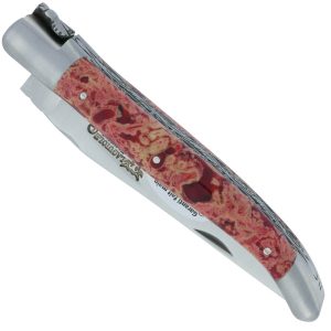 Couteau Laguiole en Aubrac 1 Pièce 12 cm Double Platines et ressort guillochés Manche en Pierre de Lave rouge 2 Mitres Inox Brossé Lame Inox Brossé