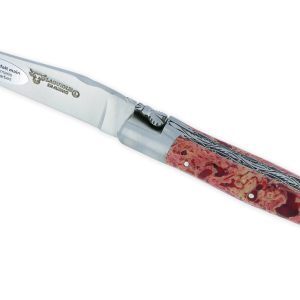 Couteau Laguiole en Aubrac 1 Pièce 12 cm Double Platines et ressort guillochés Manche en Pierre de Lave rouge 2 Mitres Inox Brossé Lame Inox Brossé
