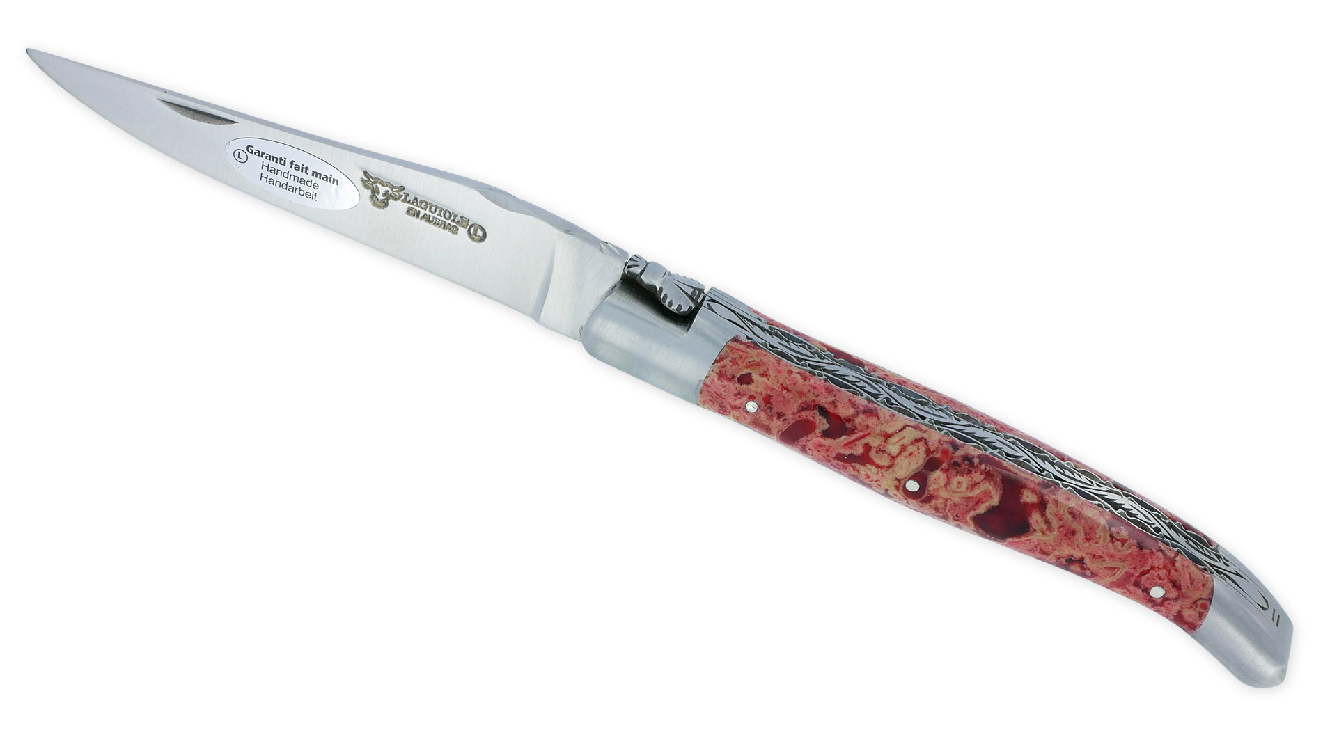 Couteau Laguiole en Aubrac 1 Pièce 12 cm Double Platines et ressort guillochés Manche en Pierre de Lave rouge 2 Mitres Inox Brossé Lame Inox Brossé