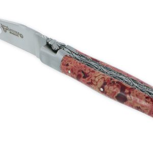Couteau Laguiole en Aubrac 1 Pièce 12 cm Double Platines et ressort guillochés Manche en Pierre de Lave rouge 2 Mitres Inox Brossé Lame Inox Brossé