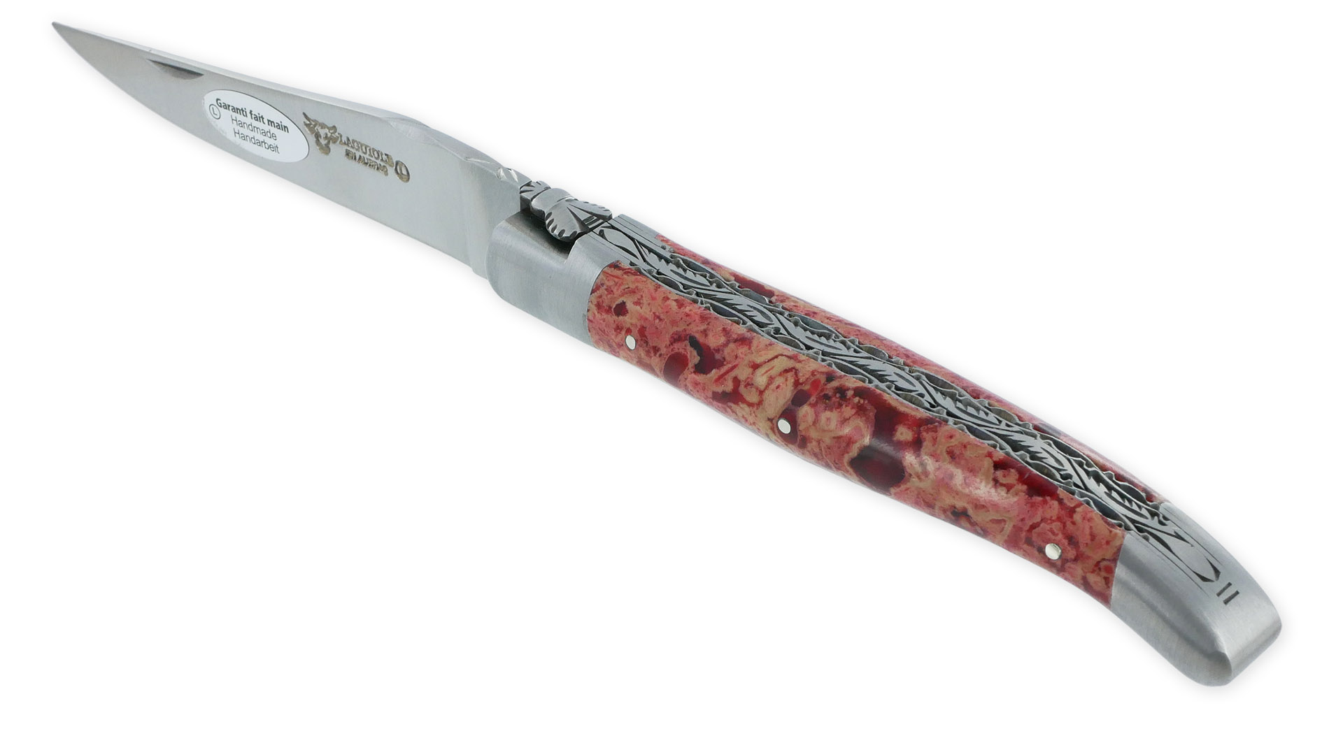 Couteau Laguiole en Aubrac 1 Pièce 12 cm Double Platines et ressort guillochés Manche en Pierre de Lave rouge 2 Mitres Inox Brossé Lame Inox Brossé