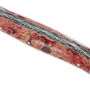 Couteau Laguiole en Aubrac 1 Pièce 12 cm Double Platines et ressort guillochés Manche en Pierre de Lave rouge 2 Mitres Inox Brossé Lame Inox Brossé