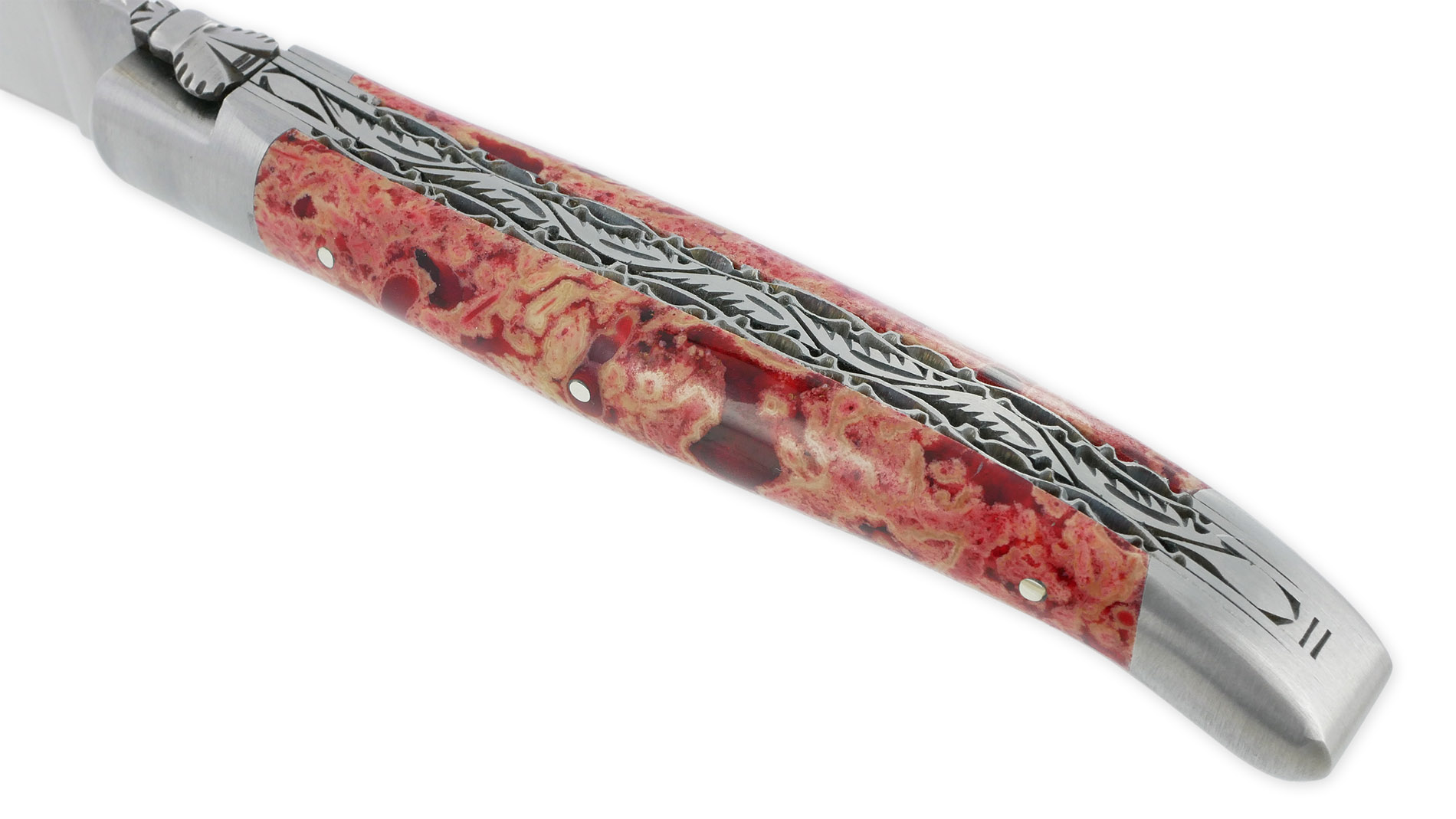 Couteau Laguiole en Aubrac 1 Pièce 12 cm Double Platines et ressort guillochés Manche en Pierre de Lave rouge 2 Mitres Inox Brossé Lame Inox Brossé