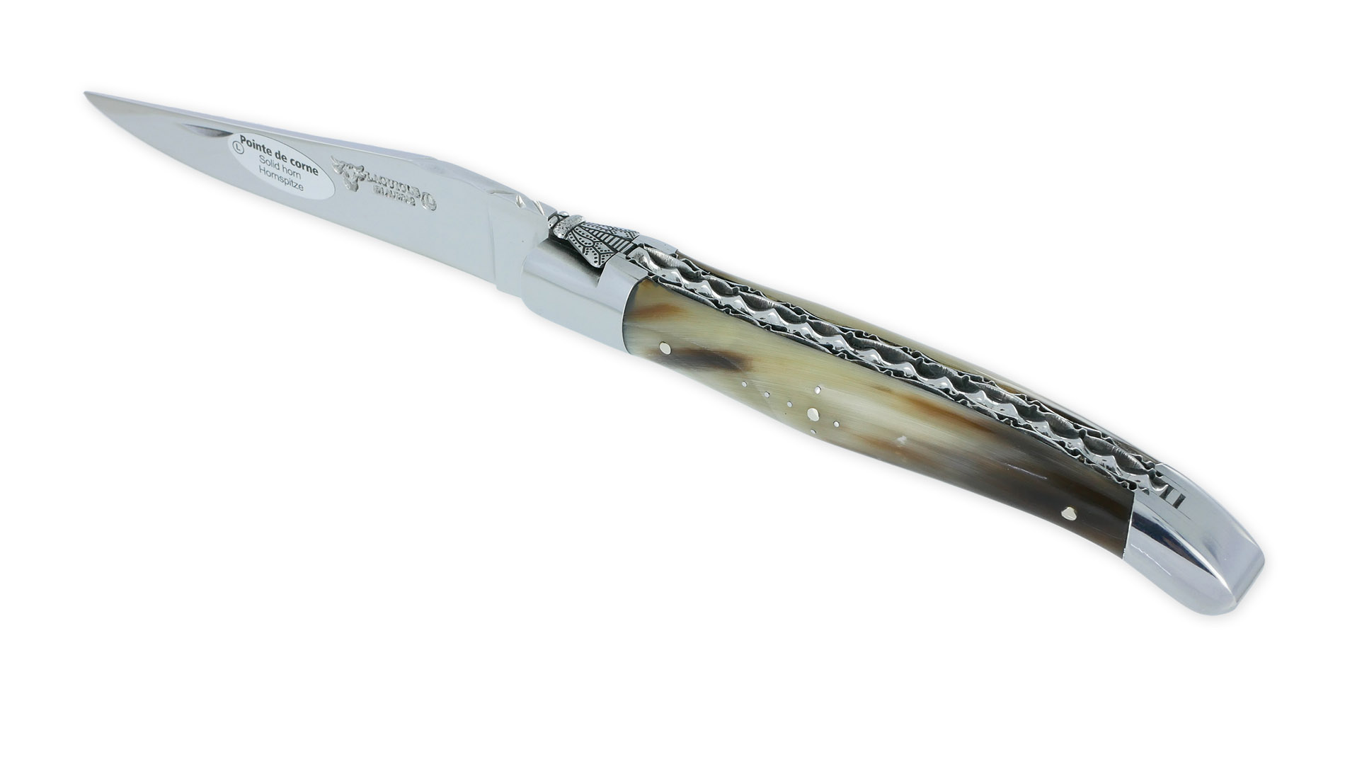 Couteau Laguiole en Aubrac 1 Pièce 12 cm Double Platines Guillochées Pointe de Corne Flammée 2 Mitres Inox Brillant Ressort spiral Mouche Prestige N°6