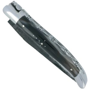 Couteau Laguiole en Aubrac 1 Pièce 12 cm Double Platines Pointe de Corne Foncée 2 Mitres Inox Brillant Lame Brut de Forge Num 2