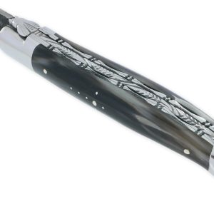 Couteau Laguiole en Aubrac 1 Pièce 12 cm Double Platines Pointe de Corne Foncée 2 Mitres Inox Brillant Lame Brut de Forge Num 2