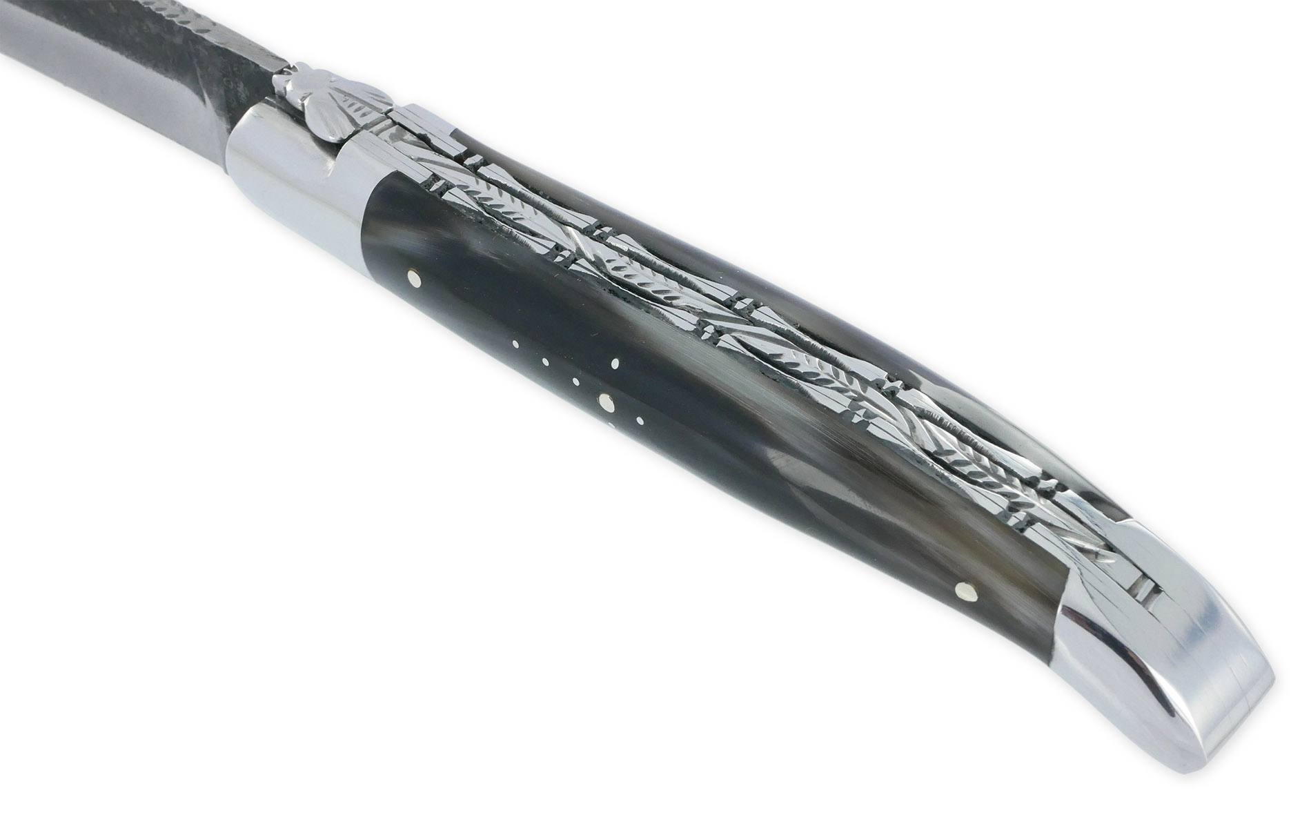 Couteau Laguiole en Aubrac 1 Pièce 12 cm Double Platines Pointe de Corne Foncée 2 Mitres Inox Brillant Lame Brut de Forge Num 2