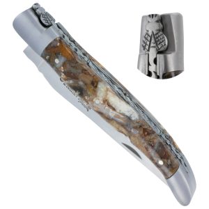 Couteau Laguiole en Aubrac 1 Pièce 12 cm Double Platines et Ressort guillochés Manche en Mammouth Stabilisé Finition brossée Num1
