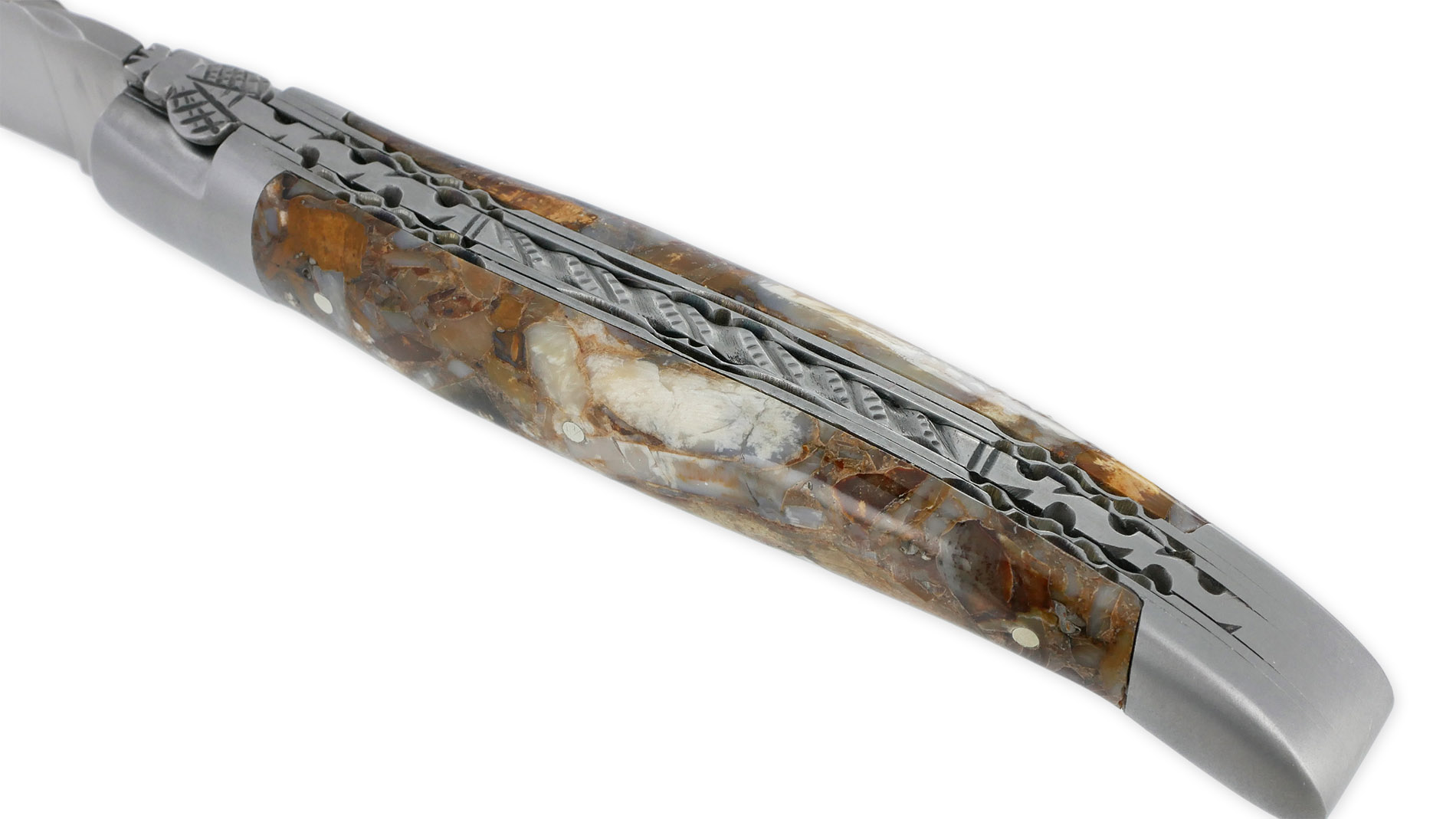 Couteau Laguiole en Aubrac 1 Pièce 12 cm Double Platines et Ressort guillochés Manche en Mammouth Stabilisé Finition brossée Num1