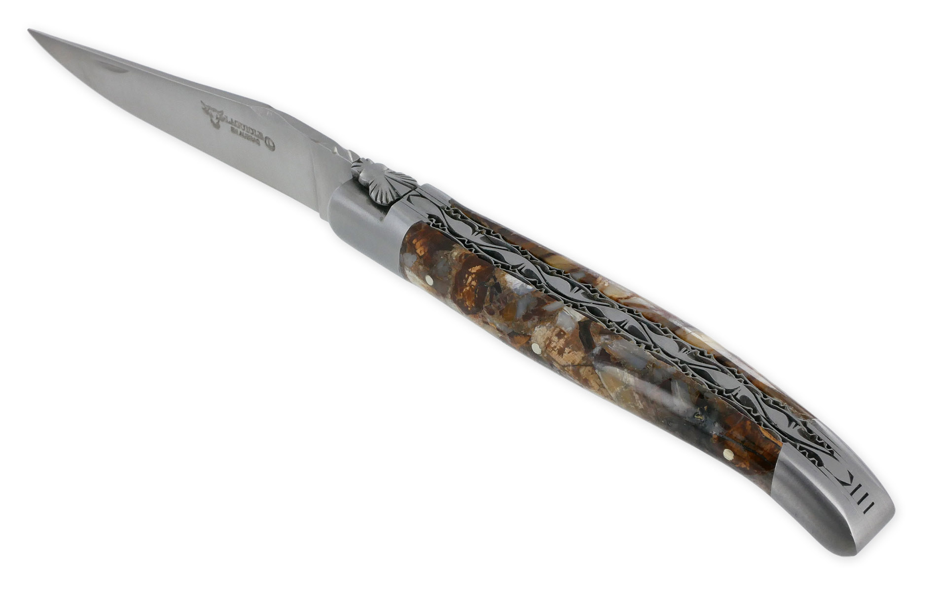 Couteau Laguiole en Aubrac 1 Pièce 12 cm Fusion Double Platines et Ressort guillochés Manche en Mammouth Stabilisé Finition brossée Num 2