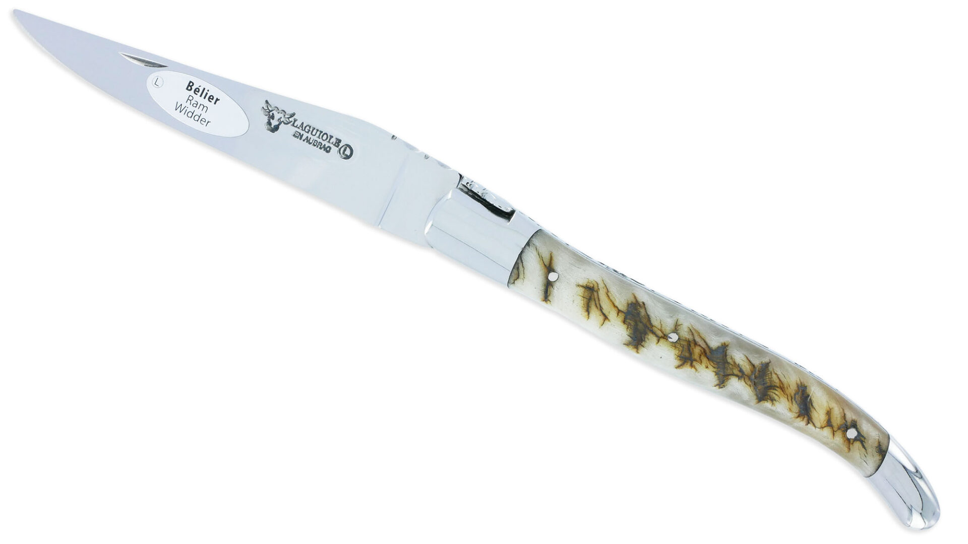 Couteau Laguiole en Aubrac 1 Pièce 12 cm Manche Croute de Bélier d’Ecosse 2 Mitres Inox Brillant