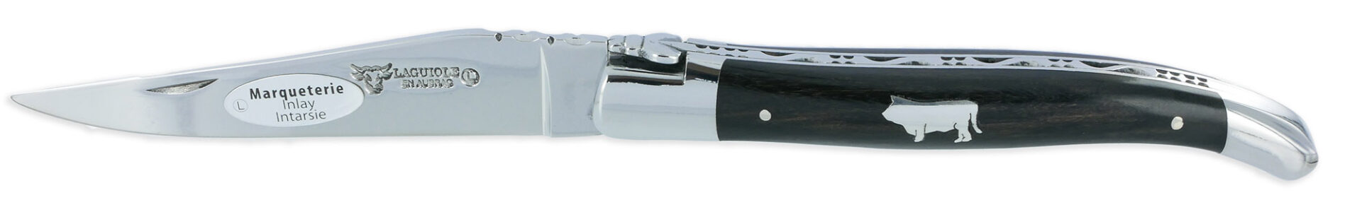 Couteau Laguiole en Aubrac 1 Pièce 12 cm Manche Ebène Marqueterie Taureau Etain 2 Mitres Inox Brillant
