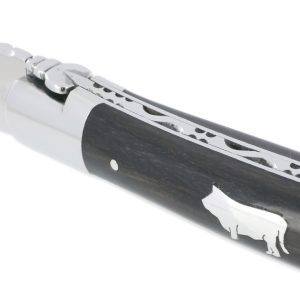 Couteau Laguiole en Aubrac 1 Pièce 12 cm Manche Ebène Marqueterie Taureau Etain 2 Mitres Inox Brillant