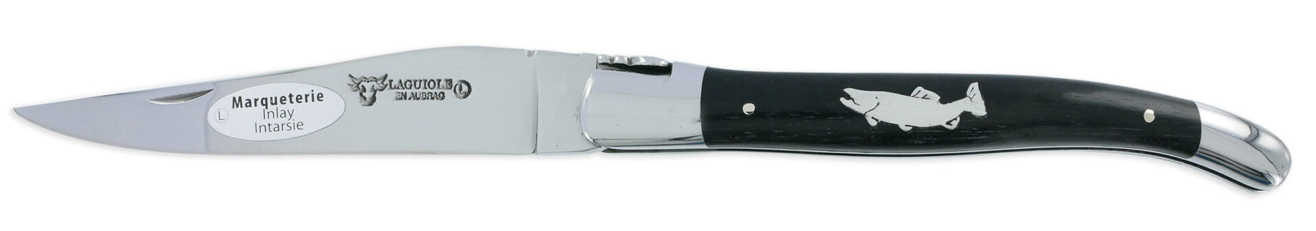 Couteau Laguiole en Aubrac 1 Pièce 12 cm Manche Ebène Marqueterie Truite en Etain 2 Mitres Inox Brillant