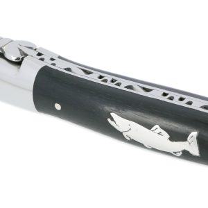 Couteau Laguiole en Aubrac 1 Pièce 12 cm Manche Ebène Marqueterie Truite en Etain 2 Mitres Inox Brillant
