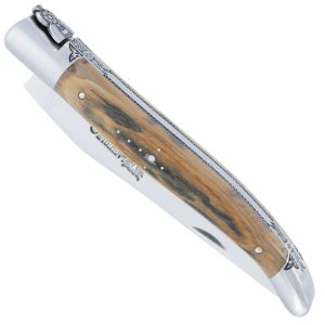 Couteau Laguiole en Aubrac 1 Pièce 12 cm Manche en Croute d'Ivoire de Mammouth 2 Mitres Inox Brossé Ciselées Mouche Prestige