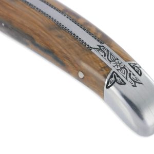 Couteau Laguiole en Aubrac 1 Pièce 12 cm Manche en Croute d'Ivoire de Mammouth 2 Mitres Inox Brossé Ciselées Mouche Prestige