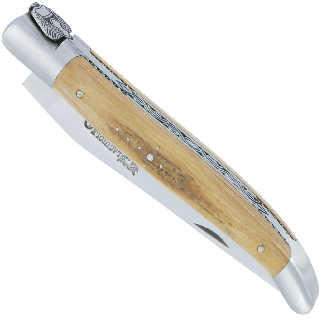 Couteau Laguiole en Aubrac 1 Pièce 12 cm Manche en Croute d'Ivoire de Mammouth 2 Mitres Inox Brossé Mouche Prestige