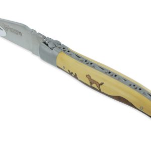 Couteau Laguiole en Aubrac 1 Pièce 12 cm Manche Marqueterie Chien Genévrier et Buis 2 Mitres Inox Brossé
