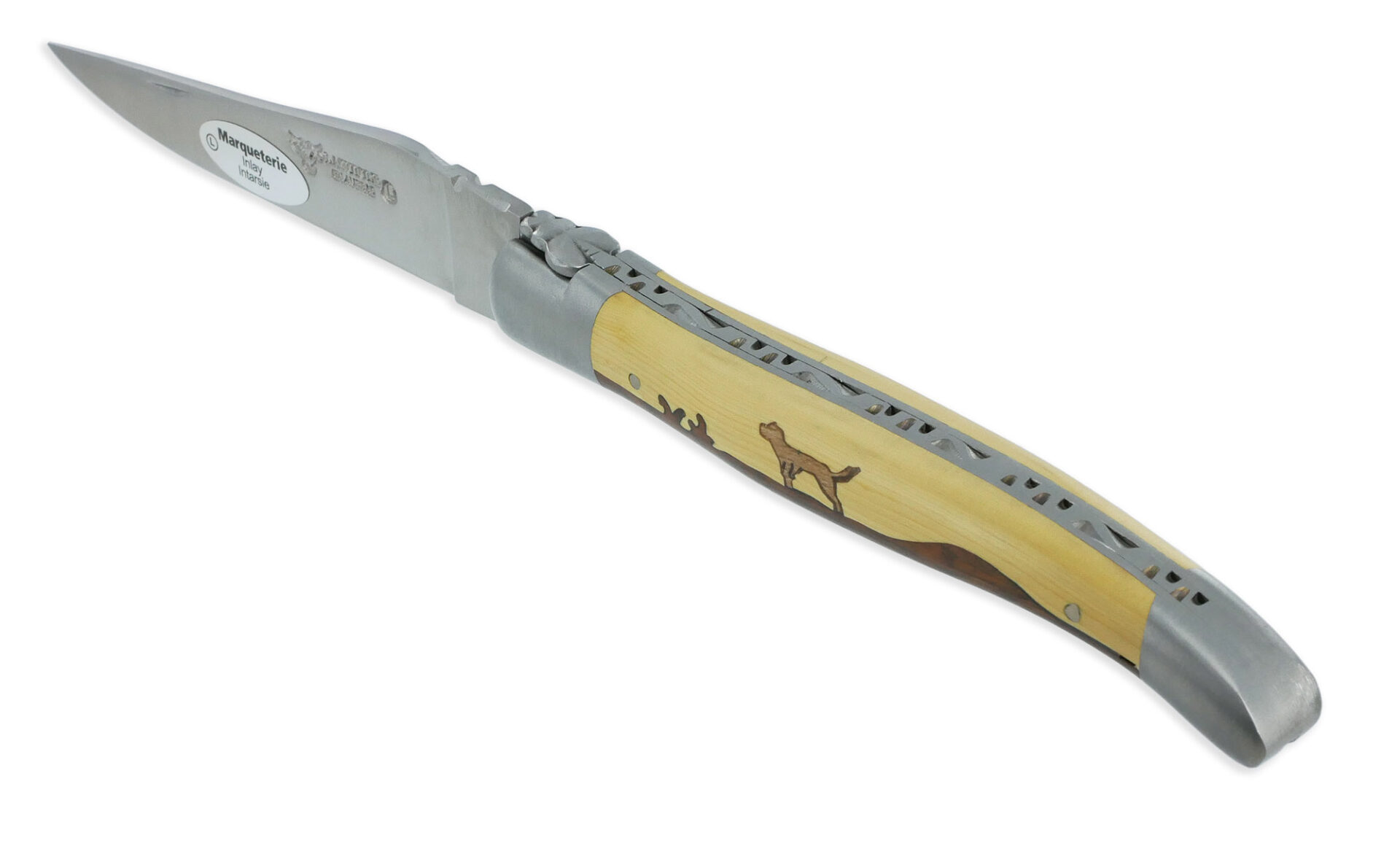 Couteau Laguiole en Aubrac 1 Pièce 12 cm Manche Marqueterie Chien Genévrier et Buis 2 Mitres Inox Brossé