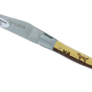 Couteau Laguiole en Aubrac 1 Pièce 12 cm Manche Marqueterie Chien Genévrier et Buis 2 Mitres Inox Brossé