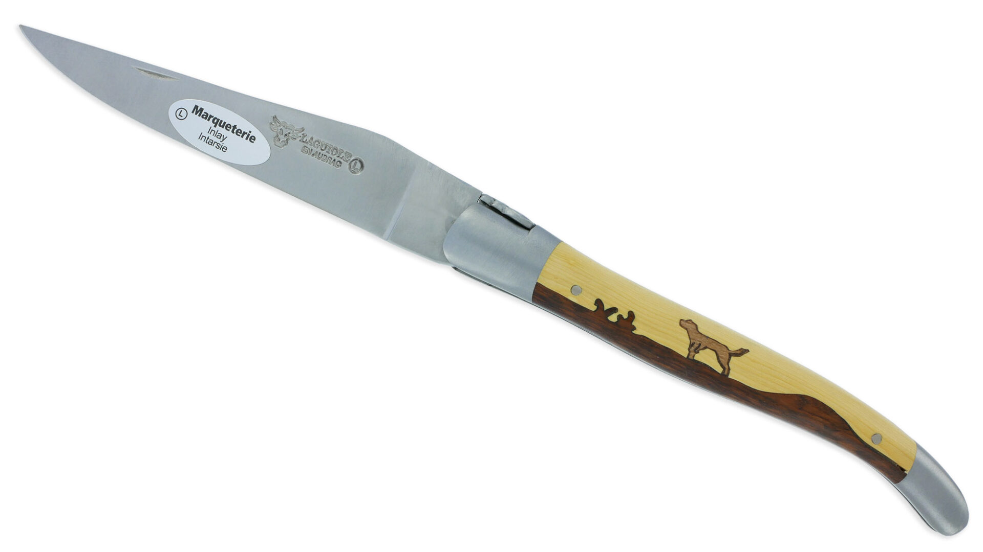Couteau Laguiole en Aubrac 1 Pièce 12 cm Manche Marqueterie Chien Genévrier et Buis 2 Mitres Inox Brossé
