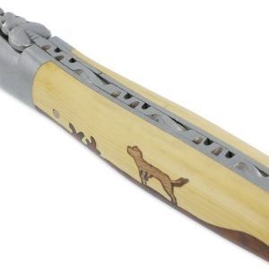 Couteau Laguiole en Aubrac 1 Pièce 12 cm Manche Marqueterie Chien Genévrier et Buis 2 Mitres Inox Brossé