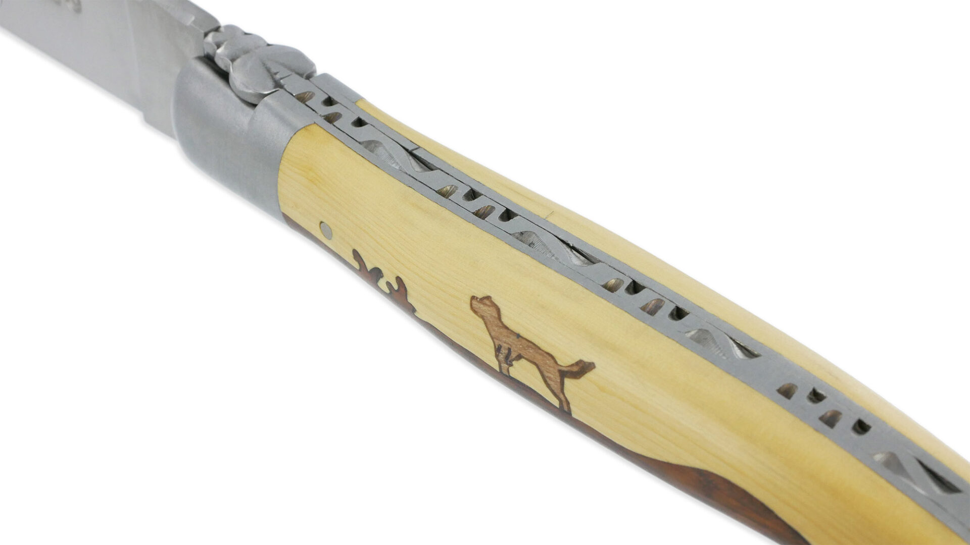 Couteau Laguiole en Aubrac 1 Pièce 12 cm Manche Marqueterie Chien Genévrier et Buis 2 Mitres Inox Brossé