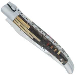 Couteau Laguiole en Aubrac 1 Pièce 12 cm Manche Marqueterie Puzzle Etincelle 2 Mitres Inox Brossé