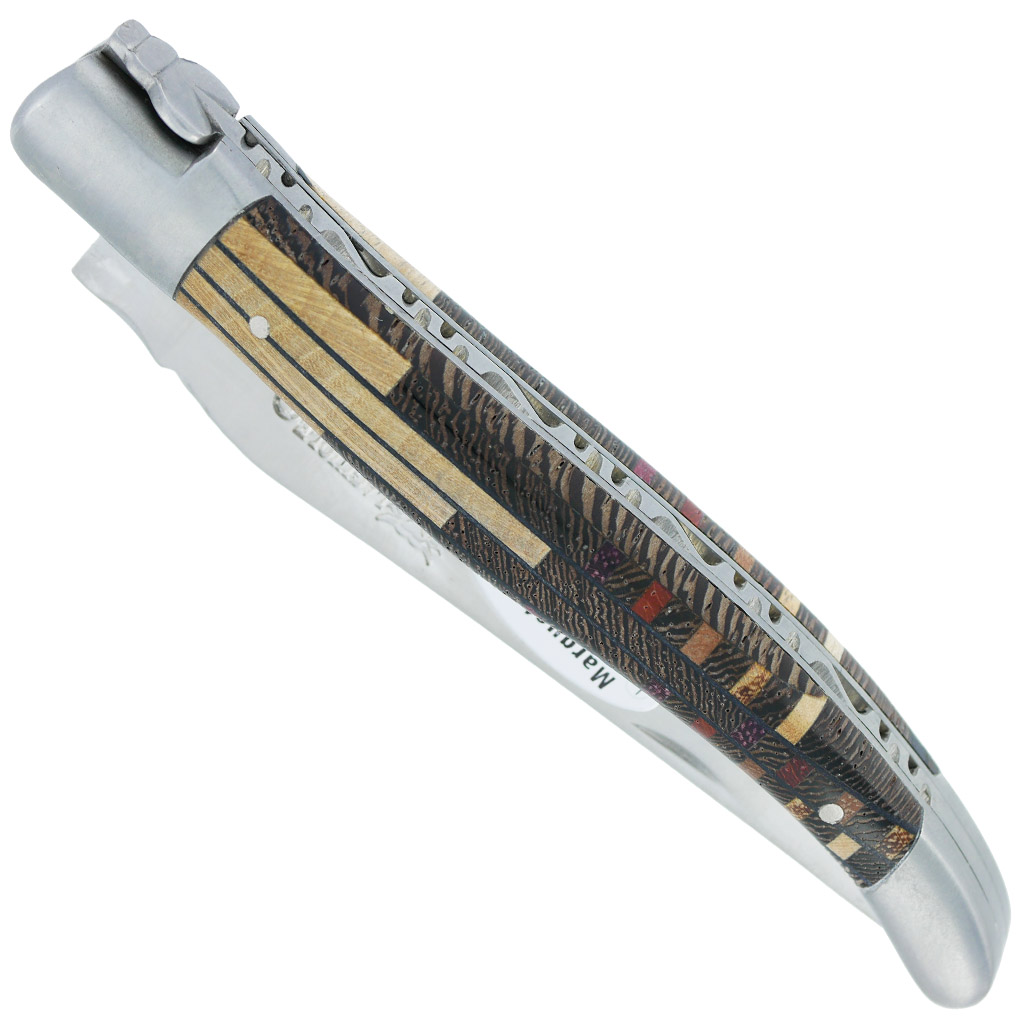 Couteau Laguiole en Aubrac 1 Pièce 12 cm Manche Marqueterie Puzzle Etincelle 2 Mitres Inox Brossé