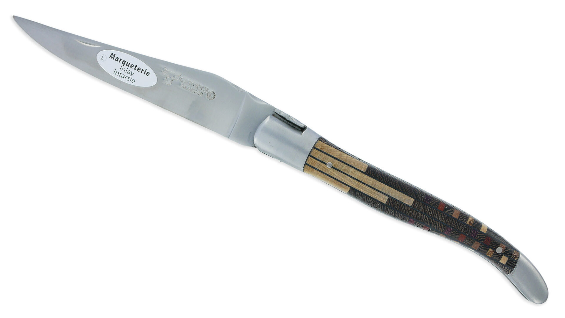 Couteau Laguiole en Aubrac 1 Pièce 12 cm Manche Marqueterie Puzzle Etincelle 2 Mitres Inox Brossé
