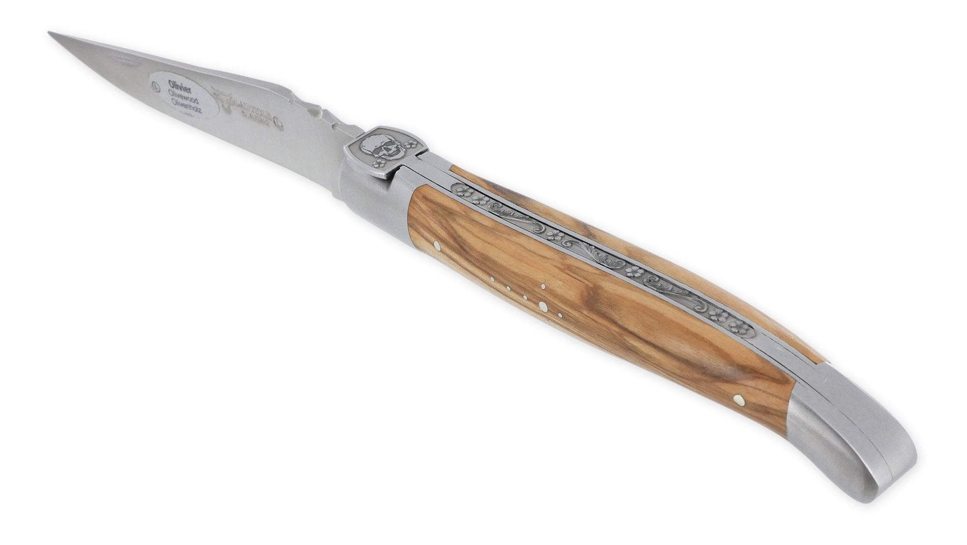 Couteau Laguiole en Aubrac 1 Pièce 12 cm Manche Olivier Ressort Gravé Mouche Forgée Prestige Tête de Mort 2 Mitres Inox Brossé