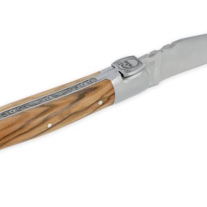 Couteau Laguiole en Aubrac 1 Pièce 12 cm Manche Olivier Ressort Gravé Mouche Forgée Prestige Tête de Mort 2 Mitres Inox Brossé