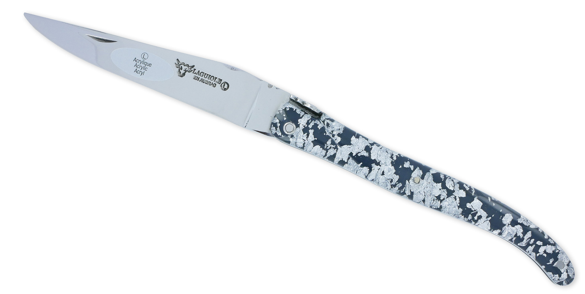 Couteau Laguiole en Aubrac 1 Pièce 12 cm Plein Manche Acrylique Pailleté Argent Finition Brillante