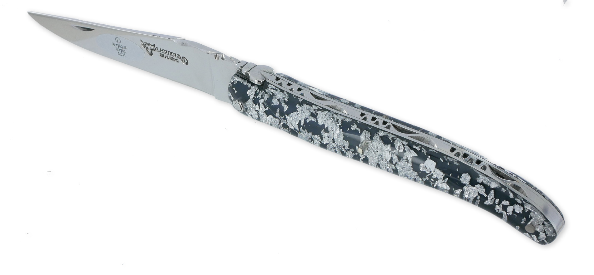 Couteau Laguiole en Aubrac 1 Pièce 12 cm Plein Manche Acrylique Pailleté Argent Finition Brillante