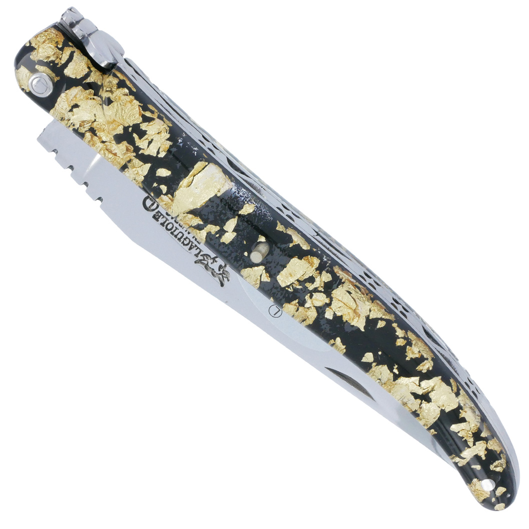 Couteau Laguiole en Aubrac 1 Pièce 12 cm Plein Manche Acrylique Pailleté Or Finition Brillante