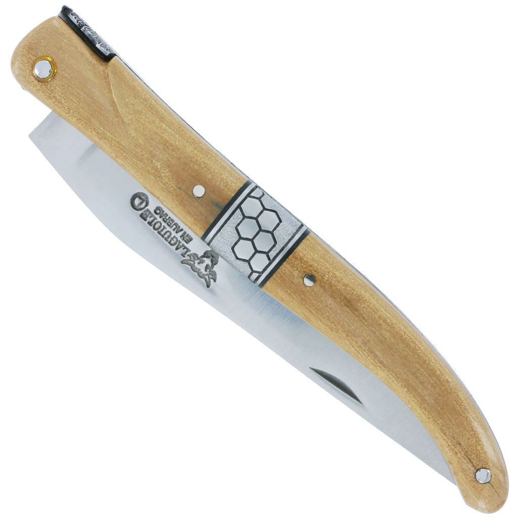 Couteau Laguiole en Aubrac 1 Pièce 12 cm Plein Manche en Croute d'Ivoire de Mammouth Mitre Centrale et Ressort Ciselés Nid d'Abeille en Inox Brossé