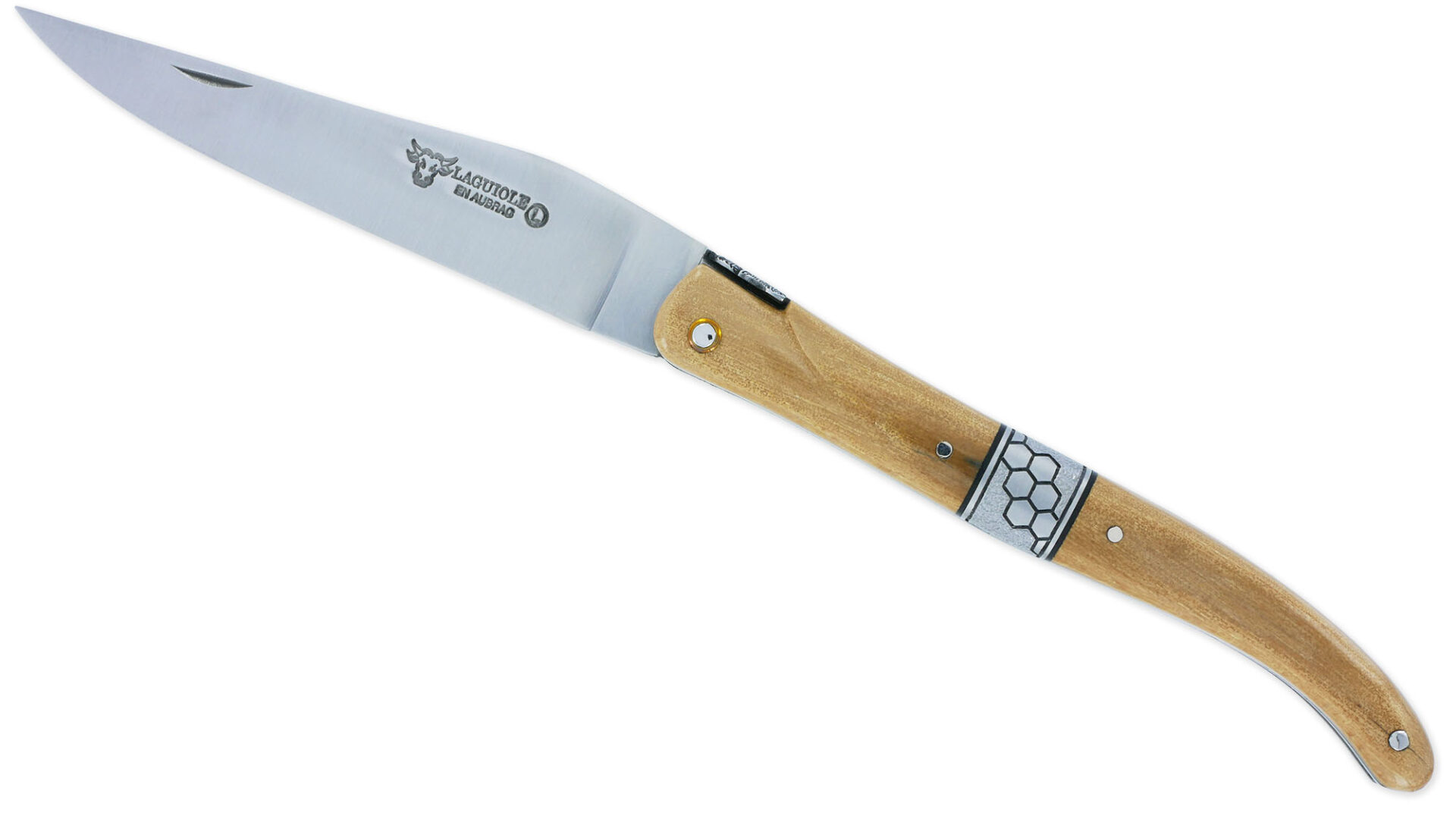 Couteau Laguiole en Aubrac 1 Pièce 12 cm Plein Manche en Croute d'Ivoire de Mammouth Mitre Centrale et Ressort Ciselés Nid d'Abeille en Inox Brossé