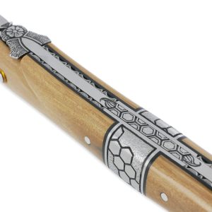 Couteau Laguiole en Aubrac 1 Pièce 12 cm Plein Manche en Croute d'Ivoire de Mammouth Mitre Centrale et Ressort Ciselés Nid d'Abeille en Inox Brossé
