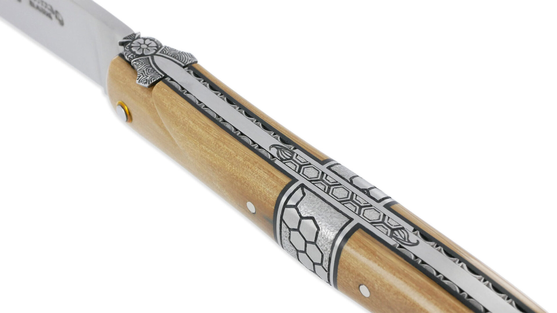 Couteau Laguiole en Aubrac 1 Pièce 12 cm Plein Manche en Croute d'Ivoire de Mammouth Mitre Centrale et Ressort Ciselés Nid d'Abeille en Inox Brossé