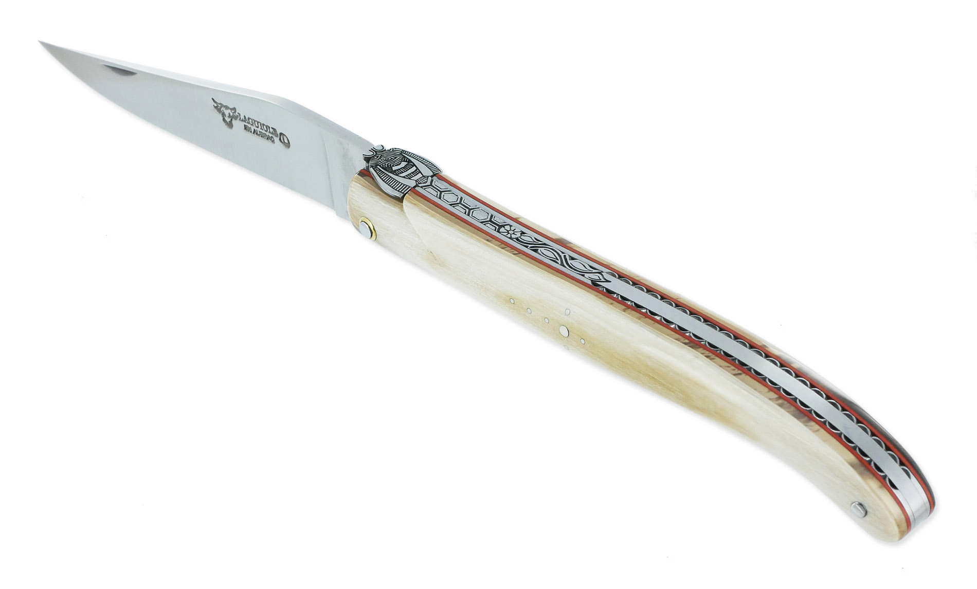 Couteau Laguiole en Aubrac 1 Pièce 12 cm Plein Manche en Ivoire de Mammouth Ressort et platines guillochés Mouche N°4