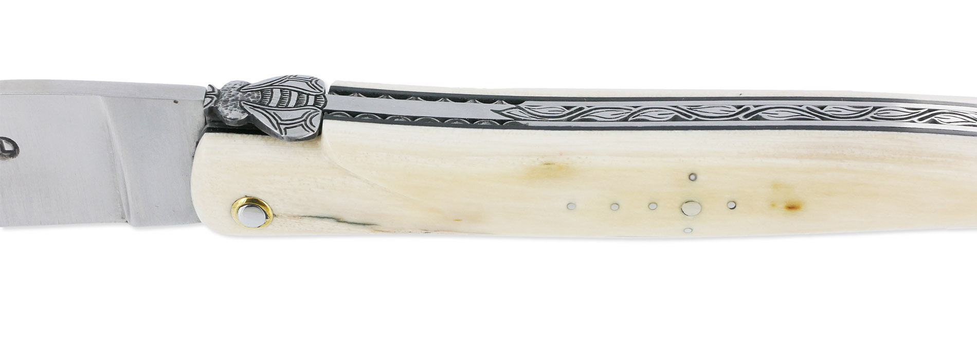 Couteau Laguiole en Aubrac 1 Pièce 12 cm Plein Manche en Ivoire de Mammouth Ressort et platines guillochés Mouche N°8